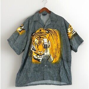NWT Oscar Misa‎ Mens Button Shirt Sz XL Tiger Graphic Grey Casual Short Sleeve